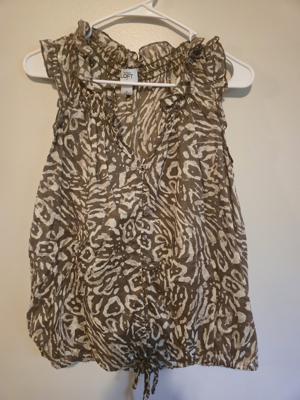 LOFT Brown and Cream Sleeveless Ruffle Neck Animal Print Top